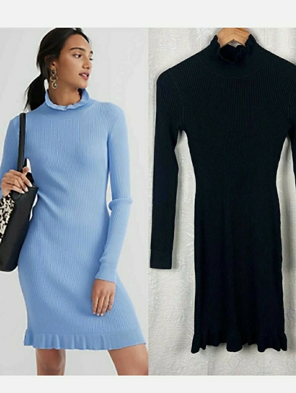 J. Crew Supersculpt Ruffle-Neck Mini Sweater Dress Black Womens Medium